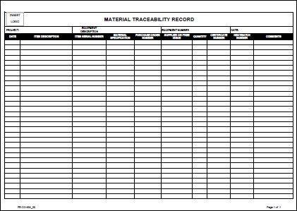 Template – Material Traceability Record