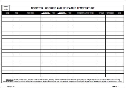 Register – Cooking and Reheating Temperature