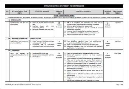 Safe Work Methods Training Safe Work Method Statement - Power Tool Use - Workplace Health and ...