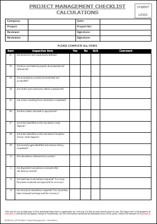 Checklist – Project Management – Calculations