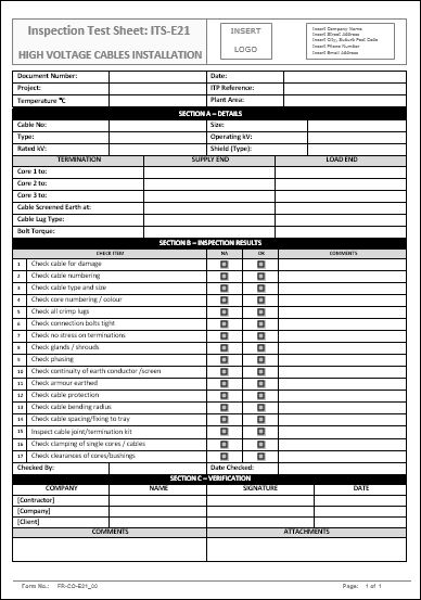 Inspection Test Sheet – ITS-E21 – High Voltage Cable Installation