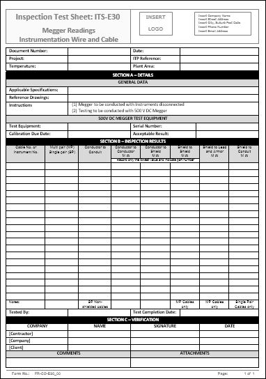 Inspection Test Sheet – ITS-E30 – Megger Readings – Instrumentation Wire and Cable