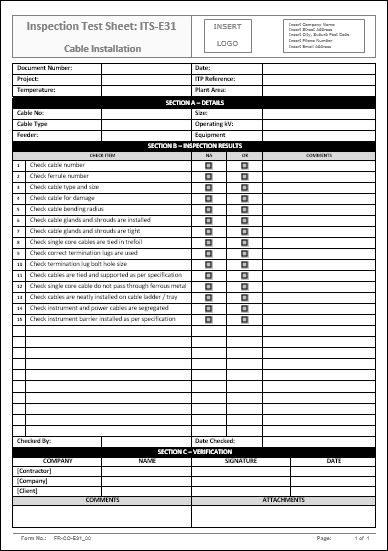 Inspection Test Sheet – ITS-E31 – Cable Installation