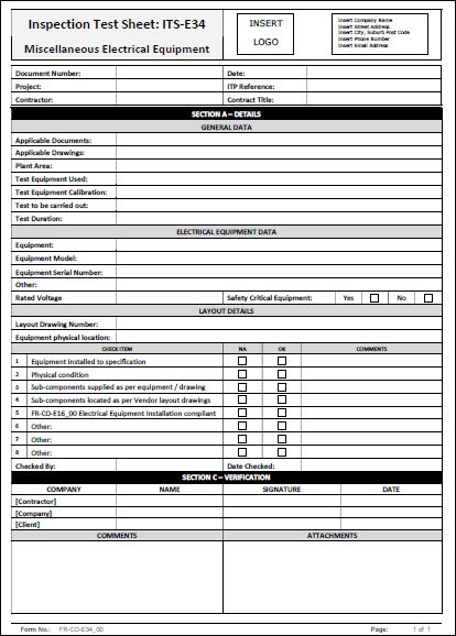 Inspection Test Sheet – ITS-E34 Miscellaneous Electrical Equipment