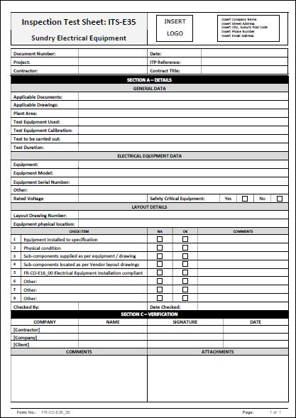 Inspection Test Sheet – ITS-E35 – Sundry Electrical Equipment