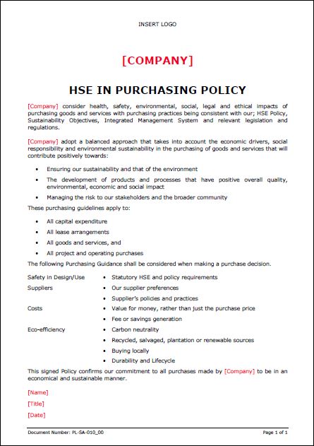 Policy – HSE in Purchasing